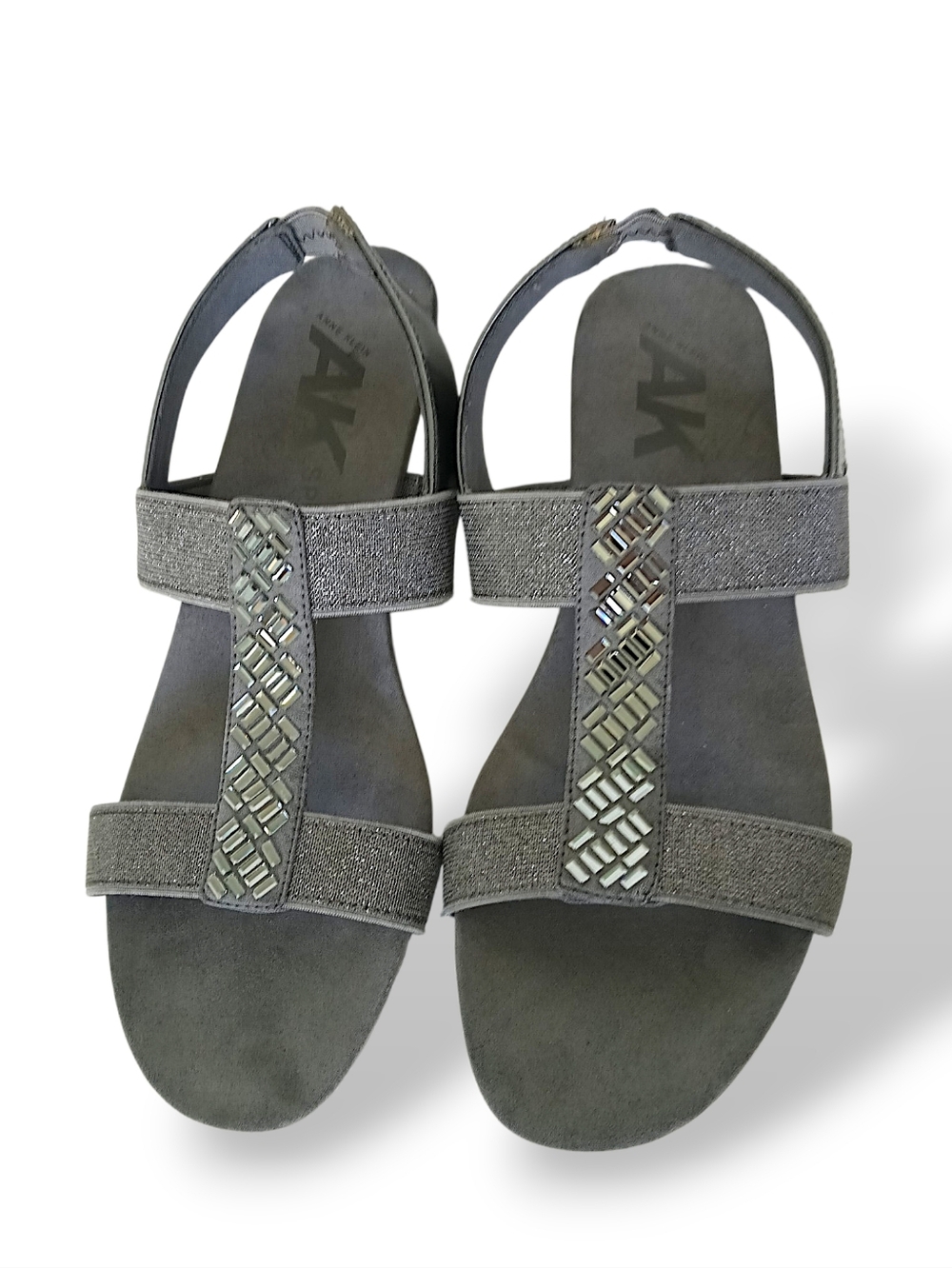 Anne Klein Pewter Wedge Sandals Rhinestone Silver Beading Metallic T Strap
